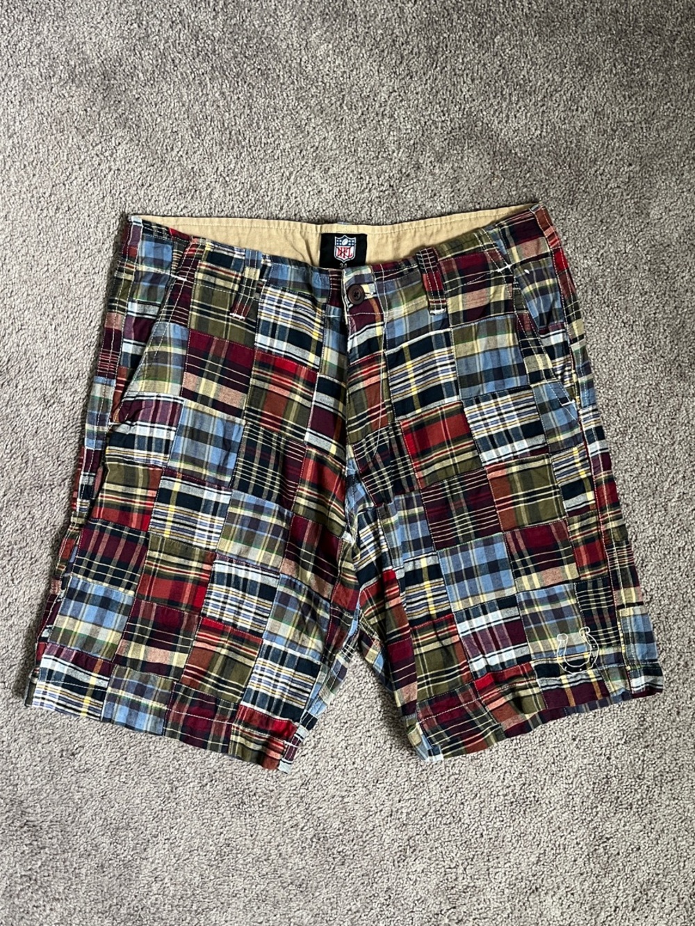 NFL Men's Plaid Patchwork Shorts in Red, Blue & Green-Indianapolis Colts